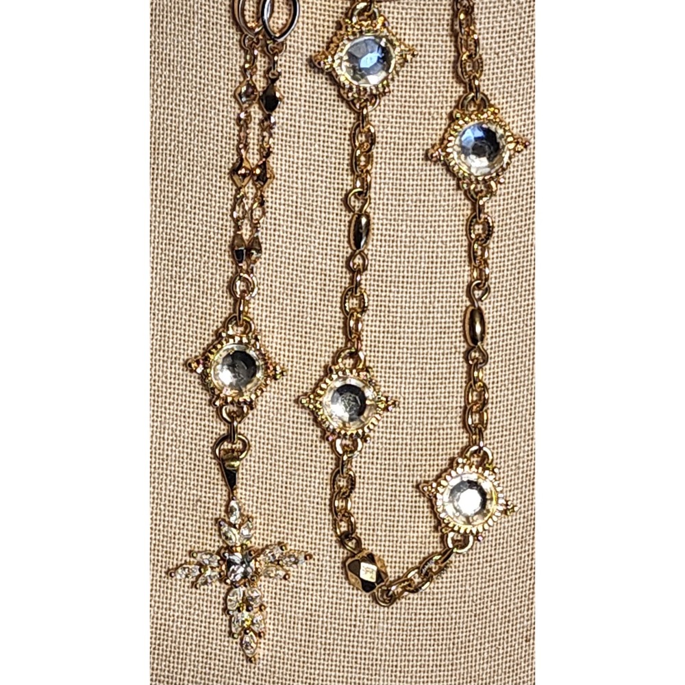 Gold Tone Crystal Rosary Lariat Necklace Cross Pendant 25 Inch Long Link Chain
